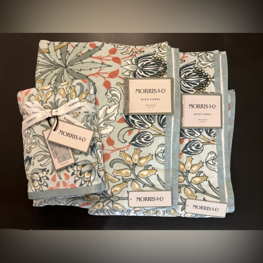 NWT Morris & Co. 4 piece Hyacinth Floral Bath & Hand Towel Set Blue Green